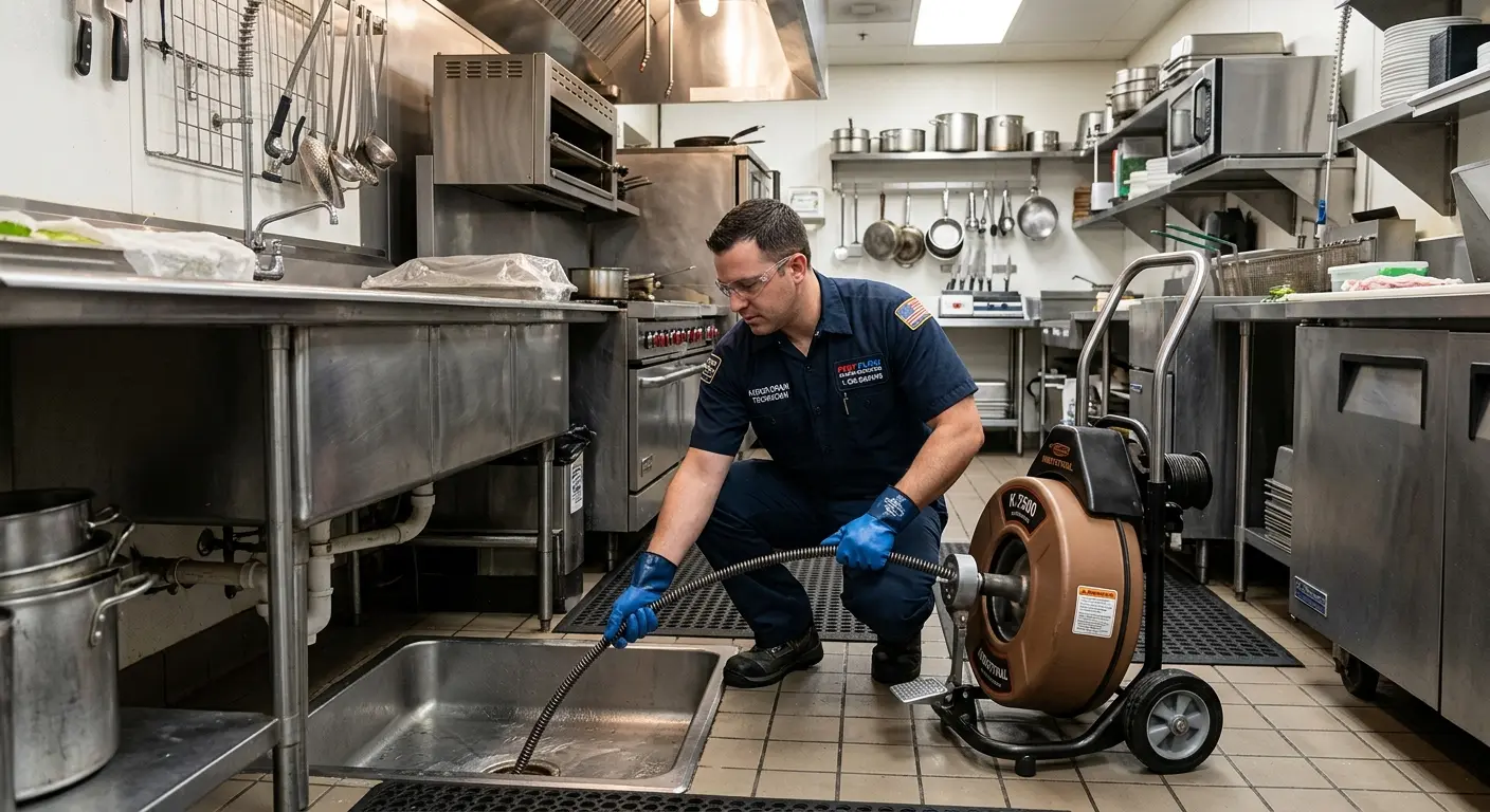Commercial drain cleaning service in a restaurant kitchen in Franklin Park