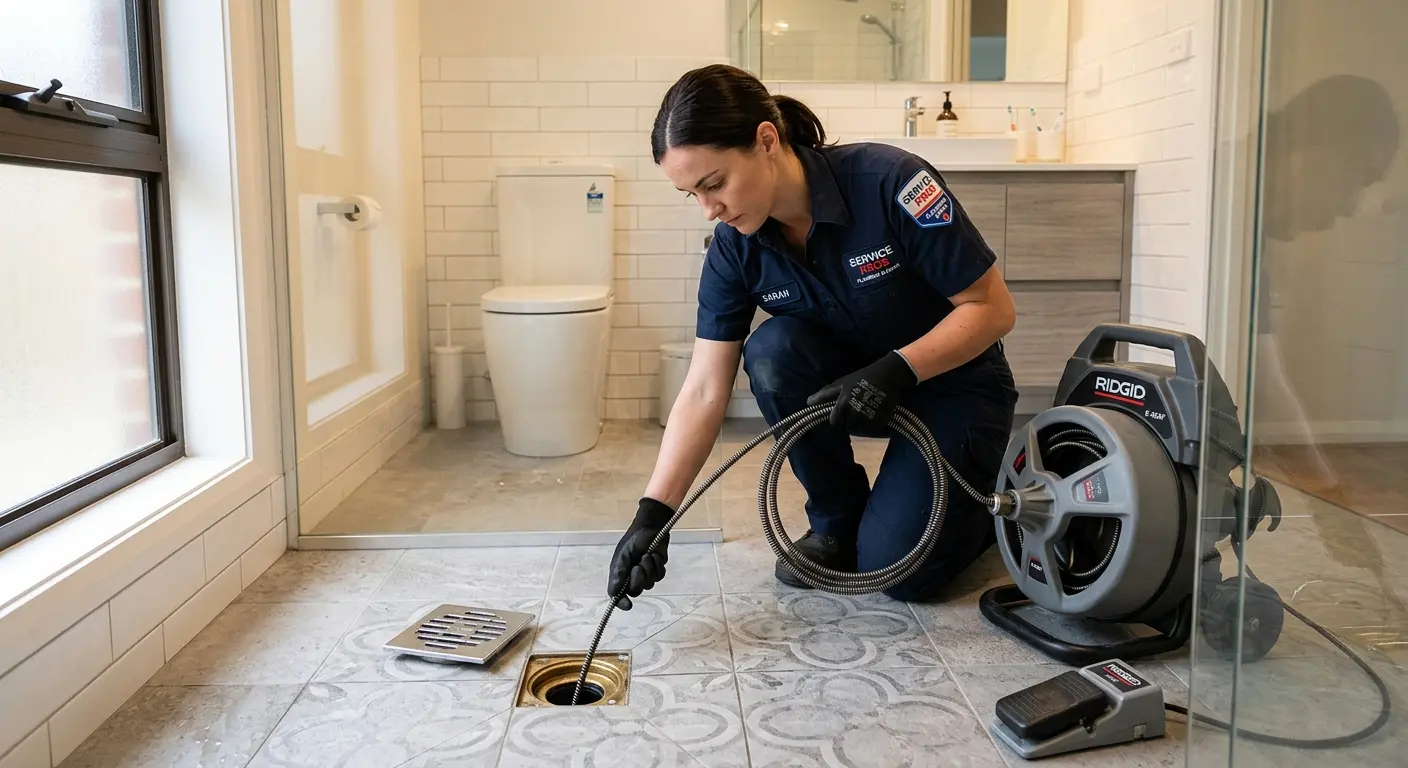 Technician clearing a bathroom floor drain for Drain Cleaning in Franklin Park